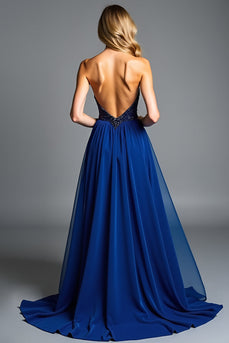 Royal Blue A Line Ruched Long Prom Dress with Beading