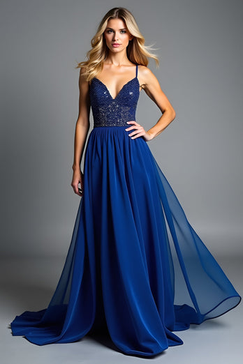 Royal Blue A Line Ruched Long Prom Dress with Beading