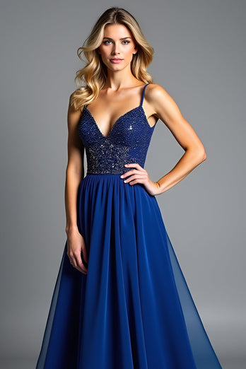 Royal Blue A Line Ruched Long Prom Dress with Beading