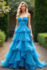 Load image into Gallery viewer, Blue Strapless A Line Tiered Chiffon Ruched Long Prom Dress