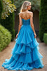 Load image into Gallery viewer, Blue Strapless A Line Tiered Chiffon Ruched Long Prom Dress