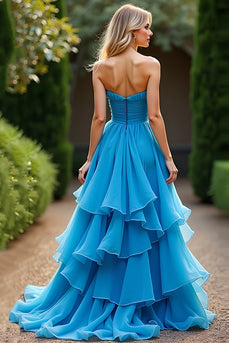 Blue Strapless A Line Tiered Chiffon Ruched Long Prom Dress