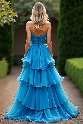 Blue Strapless A Line Tiered Chiffon Ruched Long Prom Dress