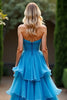 Load image into Gallery viewer, Blue Strapless A Line Tiered Chiffon Ruched Long Prom Dress