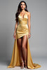 Load image into Gallery viewer, Golden Halter Asymmetrical Backless High-Low Prom Dress