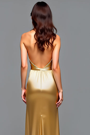 Golden Halter Asymmetrical Backless High-Low Prom Dress