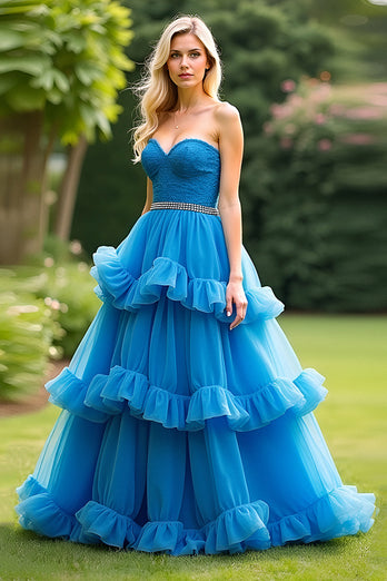 Blue Sweetheart A Line Tiered Long Prom Dress with Beading