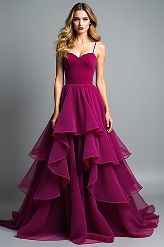 Purple Ruched A Line Dark Long Prom Dress with Ruffles