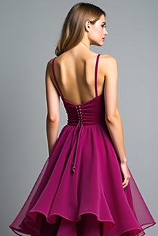 Purple Ruched A Line Dark Long Prom Dress with Ruffles