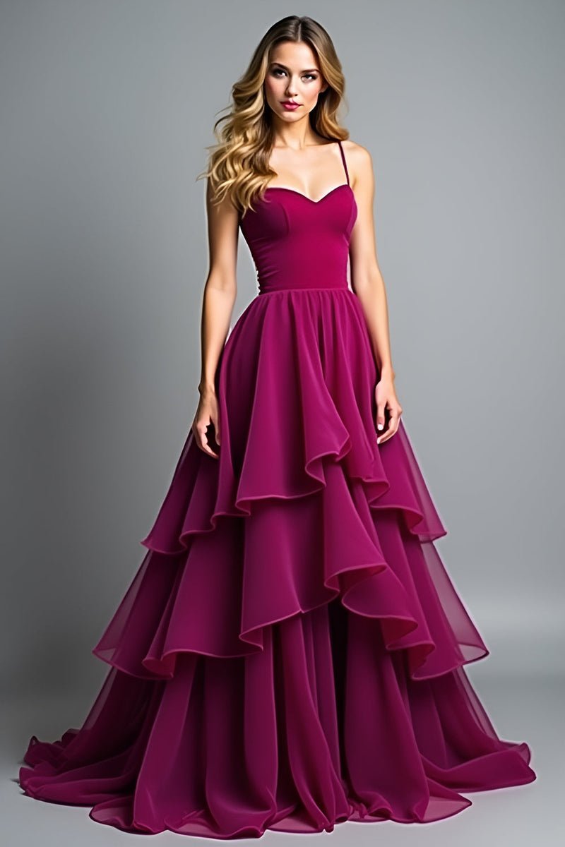 Load image into Gallery viewer, Purple Ruched A Line Dark Long Prom Dress with Ruffles