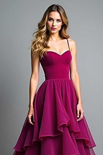 Purple Ruched A Line Dark Long Prom Dress with Ruffles