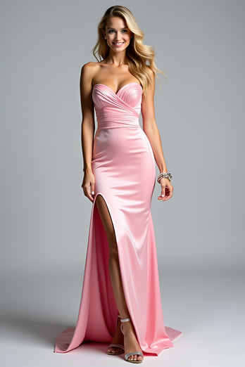 Pink Sweetheart Ruched Long Prom Dress with Slit