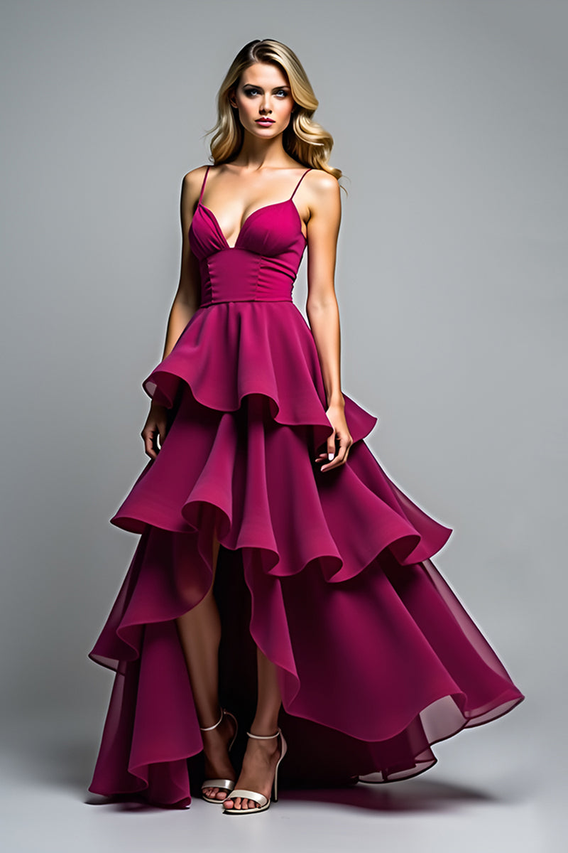 Load image into Gallery viewer, Dark Purple V-Neck Tiered Asymmetrical Formal Dress