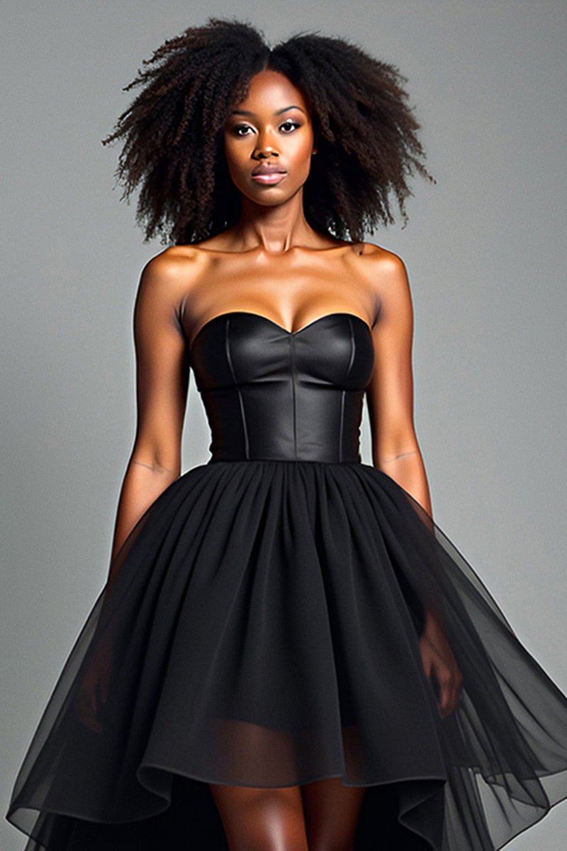 Load image into Gallery viewer, Black Strapless Corset Tiered Tulle Prom Dress