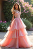 Load image into Gallery viewer, Pink A Line Tiered Long Prom Dress with Ruffles