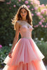 Load image into Gallery viewer, Pink A Line Tiered Long Prom Dress with Ruffles