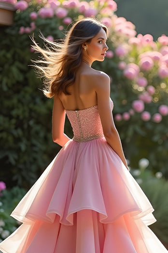 Pink A Line Tiered Long Prom Dress with Ruffles