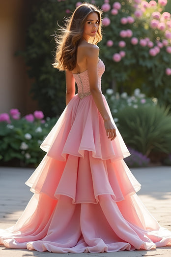 Pink A Line Tiered Long Prom Dress with Ruffles