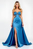 Load image into Gallery viewer, Blue Satin Strapless Long Beaded Prom Dress with Slit