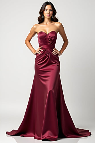 Burgundy Sweetheart Ruched Satin Long Prom Dress