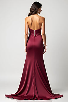 Burgundy Sweetheart Ruched Satin Long Prom Dress