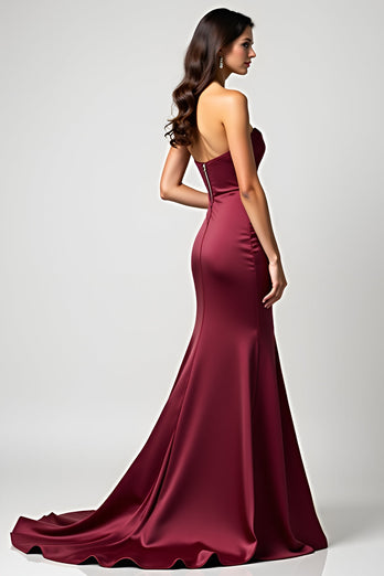 Burgundy Sweetheart Ruched Satin Long Prom Dress