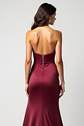 Burgundy Sweetheart Ruched Satin Long Prom Dress