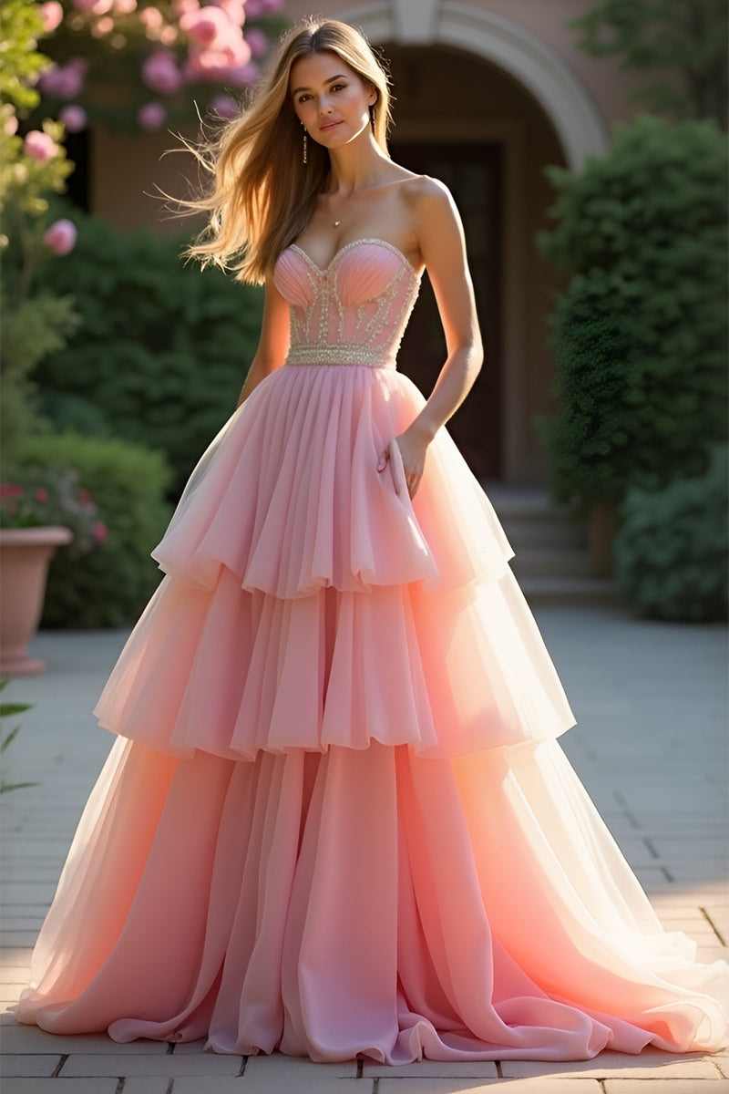 Load image into Gallery viewer, Blush A Line Tiered Beaded Long Prom Dress with Ruffles