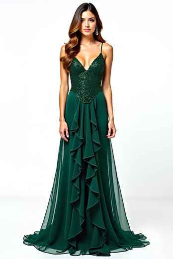 Dark Green V-Neck Sequins Long Prom Dress with Ruffles