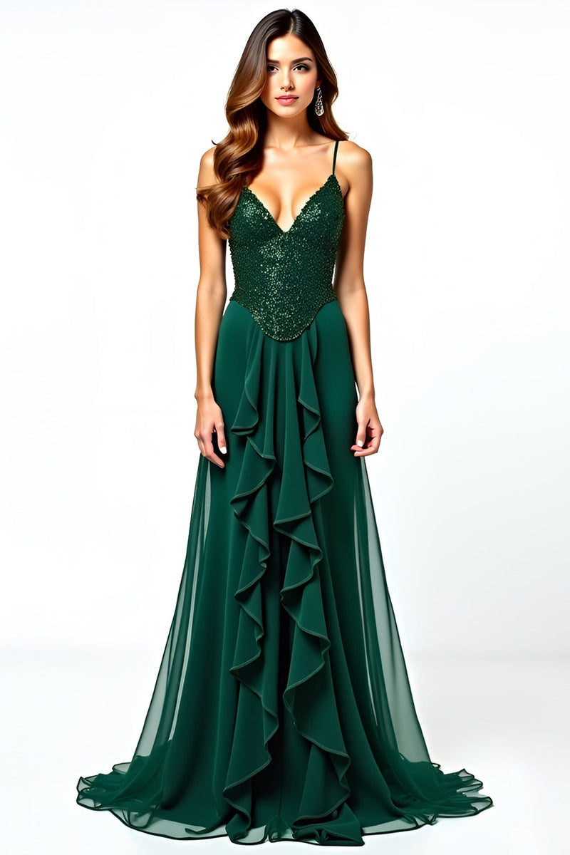 Load image into Gallery viewer, Dark Green V-Neck Sequins Long Prom Dress with Ruffles