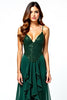 Load image into Gallery viewer, Dark Green V-Neck Sequins Long Prom Dress with Ruffles