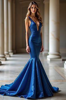 Sparkly Royal Blue  Deep V-Neck Mermaid Long Prom Dress