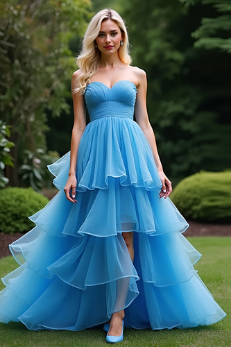 A Line Blue Strapless Tiered Long Ruched Prom Dress