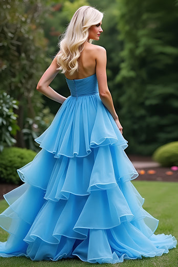 A Line Blue Strapless Tiered Long Ruched Prom Dress