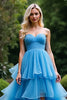 Load image into Gallery viewer, A Line Blue Strapless Tiered Long Ruched Prom Dress