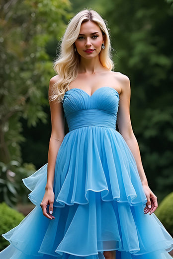 A Line Blue Strapless Tiered Long Ruched Prom Dress