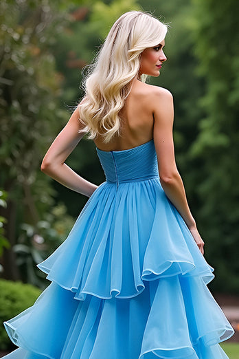 A Line Blue Strapless Tiered Long Ruched Prom Dress