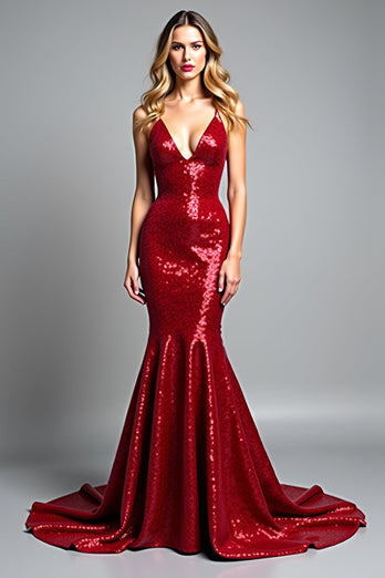 Sparkly Red Sequins Mermaid V-Neck Long Prom Dress