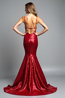 Sparkly Red Sequins Mermaid V-Neck Long Prom Dress