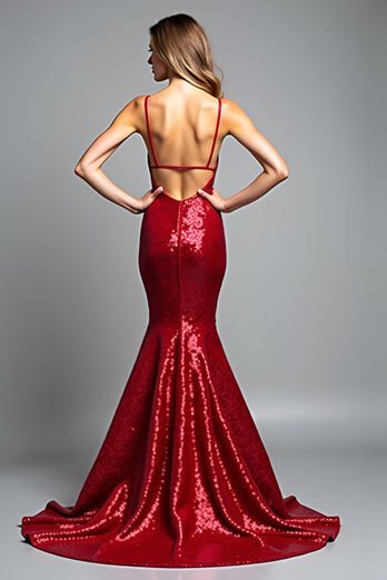 Sparkly Red Sequins Mermaid V-Neck Long Prom Dress