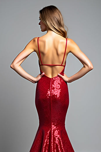 Sparkly Red Sequins Mermaid V-Neck Long Prom Dress