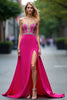 Load image into Gallery viewer, Fuchsia A Line Strapless Beaded Long Prom Dress with Slit