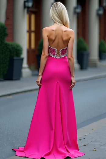 Fuchsia A Line Strapless Beaded Long Prom Dress with Slit