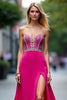 Load image into Gallery viewer, Fuchsia A Line Strapless Beaded Long Prom Dress with Slit