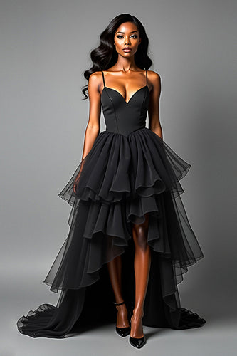 Black A Line Tiered Asymetrical Tulle Long Prom Dress