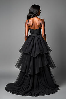 Black A Line Tiered Asymetrical Tulle Long Prom Dress