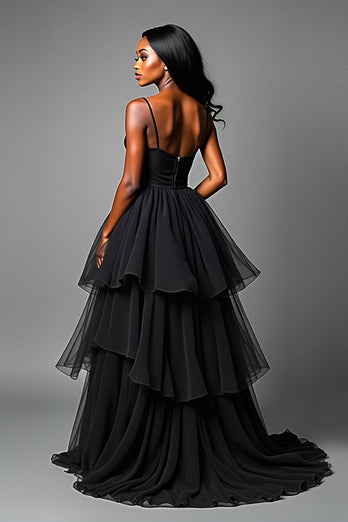 Black A Line Tiered Asymetrical Tulle Long Prom Dress