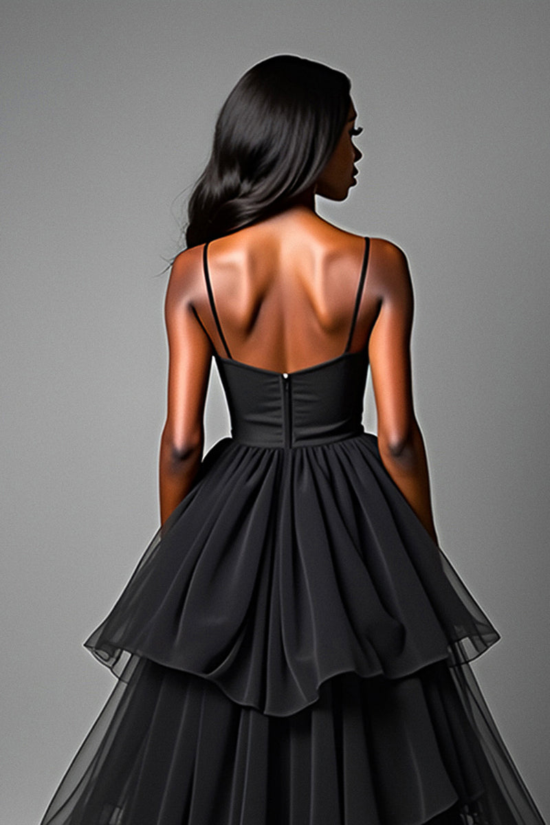 Load image into Gallery viewer, Black A Line Tiered Asymetrical Tulle Long Prom Dress