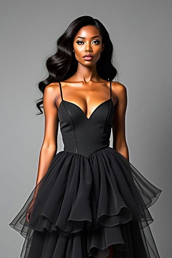 Black A Line Tiered Asymetrical Tulle Long Prom Dress