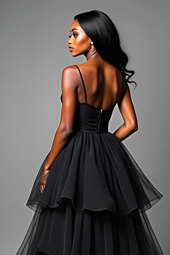 Black A Line Tiered Asymetrical Tulle Long Prom Dress